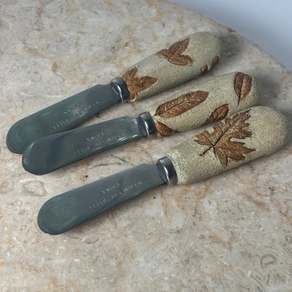 Vintage Butter Spreaders Set of 3 Cream Brown Fall Leaves Resin Handles